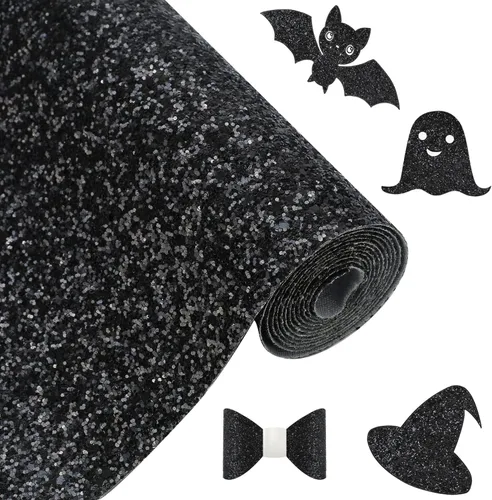 Vista 19 de Rollo de tela negra brillante con purpurina gruesa plateada, 12 x 52 pulgadas, color mixto brillante, invierno, Halloween, piel sintética