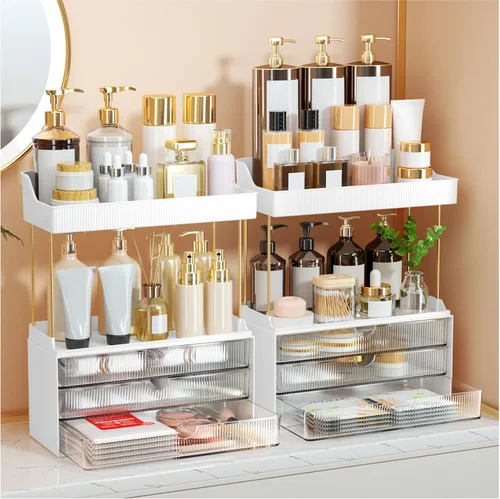 Vista 12 de StorBin Organizador de maquillaje de 3 cajones grandes, organizador de encimera de baño de 5 niveles y almacenamiento, organizador versátil