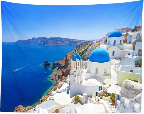 Vista 5 de Loccor Tapiz griego de la isla Santorini, edificio de pueblo griego de Oia, tapiz de pared costero azul, punto de referencia de Europa, para colgar