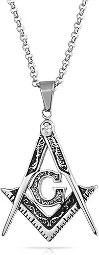 Vista 6 de Bling Jewelry Collar con colgante de símbolo masónico cuadrado y brújula de la sociedad secreta de masón oxidado negro para hombre, acero inoxidable