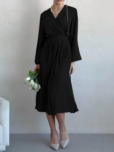 Vista 3 de PRETTYGARDEN Vestido Midi de Primavera para Mujer con Manga Larga Abombada, Cuello en V Envolvente, Fluido, con Volantes Plisados, Vestidos Casuales