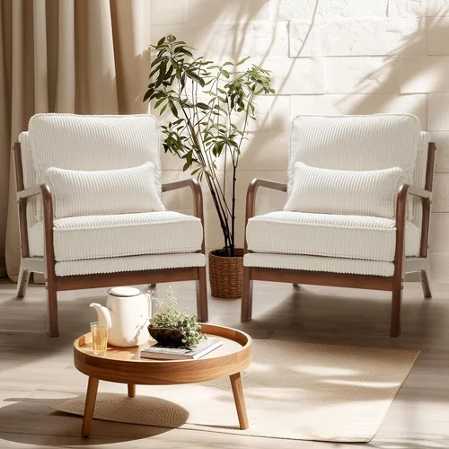 Vista 7 de FLEXISPOT AC1 - Silla decorativa, sillón moderno de mediados de siglo con marco de madera, cómoda silla de lectura tapizada de pana con almohada