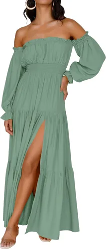 Vista 88 de ZESICA - Vestido largo, bohemio y sexy, con hombros descubiertos y manga larga fruncida, con elástico fruncido, cintura alta y abertura lateral