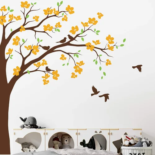 Vista 7 de Adhesivo decorativo para pared de árbol de esquina grande con flores grandes, pájaros y hojas para cuarto de bebé, mural 087