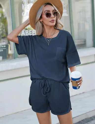 Vista 4 de Andeip Pijamas para mujer, de punto gofre, conjunto de camiseta de manga corta y pantalones cortos, 2 piezas, conjuntos de pijama con bolsillos