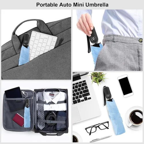 Vista 35 de LEAGERA Paraguas de viaje compacto para bolso, mango plano, impermeable para lluvia ligera