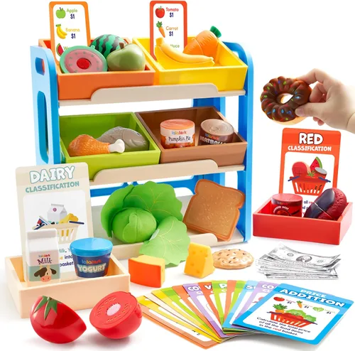 Vista 9 de JOVA lalalark Play Food para niños pequeños, juego de tienda de comestibles para niños, juguete de cocina con estantes de almacenamiento y 6 cajas