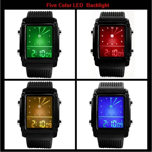 Vista 4 de FANMIS Reloj de pulsera digital analógico con esfera rectangular impermeable para hombre, con cinco retroiluminación LED, color negro, Negro