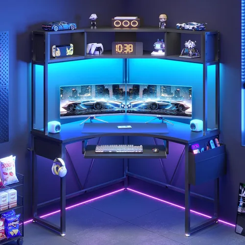 Vista 3 de SEDETA Escritorio esquinero, 39 pulgadas de ancho x 62 pulgadas de alto, escritorio de oficina pequeño con gabinete y luces LED, escritorio Negro