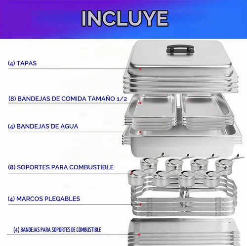 Vista 3 de Juego de bufé de platos de roce (paquete de 4) Chafers 8QT buffet servidores y calentadores, servidores de roces con cubiertas, catering, chafer
