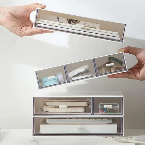 Vista 2 de Organizador de escritorio con cajones, cajones de almacenamiento apilables, caja de almacenamiento de escritorio compacta de plástico, ideal