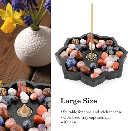 Vista 3 de Mooncraftlogy Bandeja de cristal Lotus, quemador de incienso de madera para palo/cono, soporte para exhibición de piedras preciosas, organizador