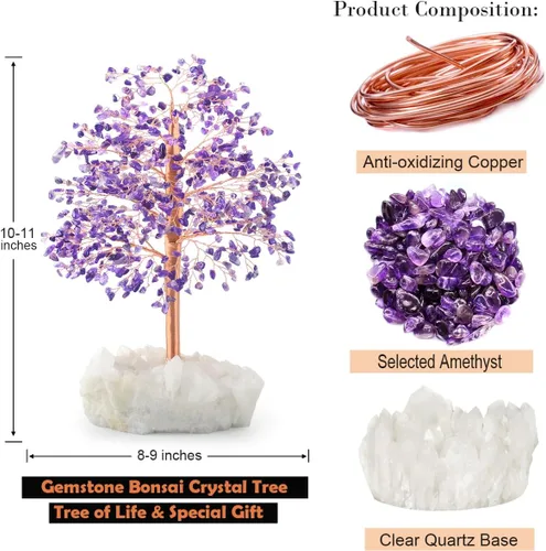 Vista 5 de Árbol de la vida con piedras preciosas de amatista natural, base de cuarzo transparente, bonsái de dinero de chakras, Feng Shui, cristales curativos
