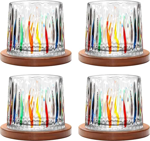 Vista 24 de Vaso de vidrio antiguo giratorio, 275ml/10oz Juego de vasos de whisky de cristal de 2 piezas, posavasos de madera, engrosamiento, utilizado como