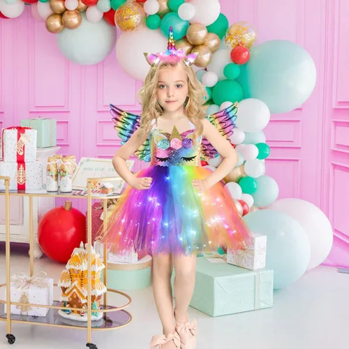 Vista 5 de Sequin LED Light Up Unicorn Custome for 4-10Y Girls Birthday Gifts Outfit Unicorn Tutu Dress with Headband and Wings