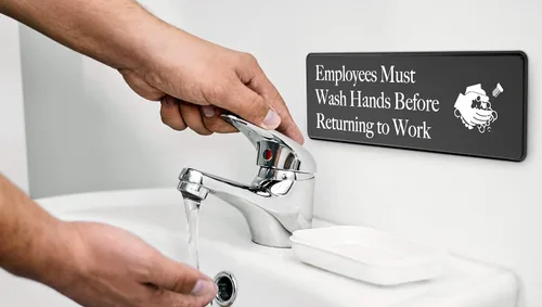 Vista 5 de Cartel de "Employees Must Wash Hands", paquete de 3, 3 x 9 pulgadas, perfecto para paredes, puertas o fregaderos en servicio de alimentos, baños