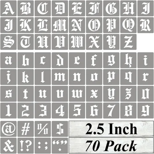 Vista 9 de Plantillas de letras del alfabeto de 1 pulgada para pintar, paquete de 70 plantillas de letras en inglés antiguo con números y letreros para pintar