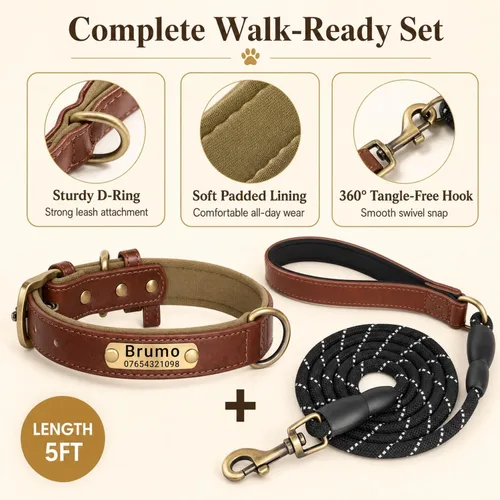 Vista 6 de Collar de cuero para perro personalizado y juego de correa, personalizado con diseño acolchado suave y resistente con placa de nombre grabada