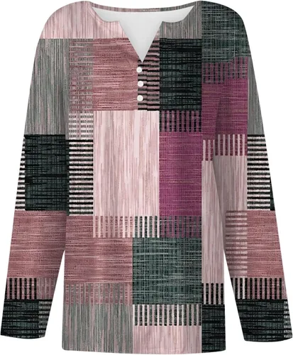 Vista 2 de Camisas geométricas casuales de manga larga para mujer, con tres botones, estampado a cuadros, camisetas básicas de retazos de gran