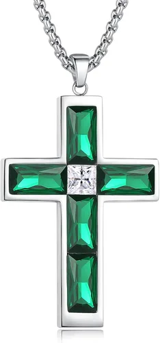 Vista 16 de Collar de cruz con piedra de nacimiento para hombre, collar de cruz de acero inoxidable 316L con colgante de cruz de circonia cúbica para mujer
