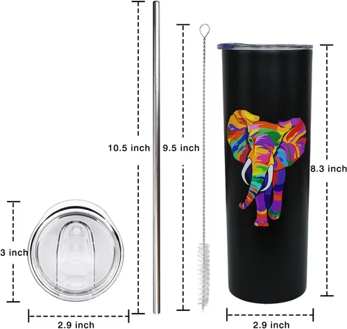 Vista 7 de Taza colorida de elefante con tapa y pajita, botella de agua delgada de 20 onzas con aislamiento térmico y taza de café, decoración bohemia, regalos