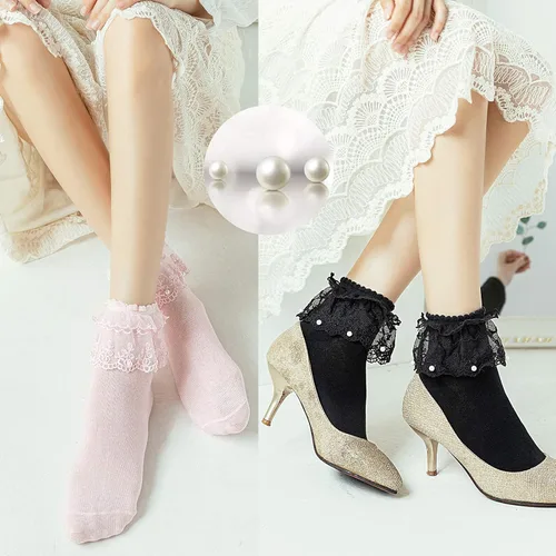 Vista 4 de SRYL Calcetines de tobillo con perlas y volantes para mujer, calcetines de algodón lindos para mujer, calcetines de encaje de princesa