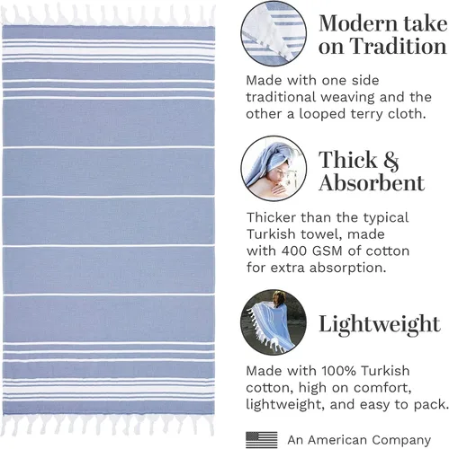 Vista 3 de Laguna Beach Textile Co. Toalla de playa suave turca, color azul azul, 10.16 oz/m²