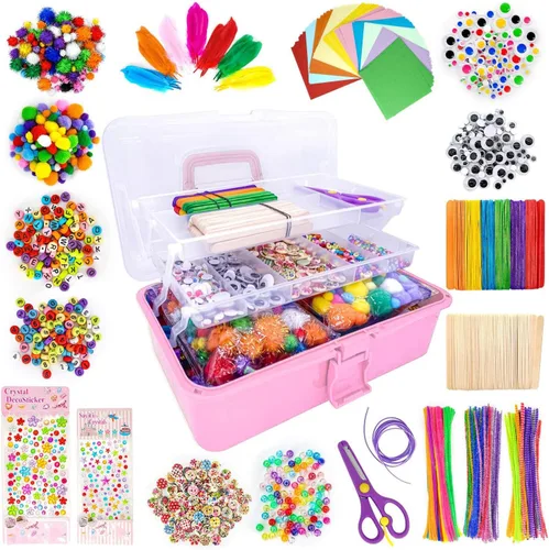 Vista 8 de kortes Suministros de arte y manualidades jumbo para niños, juego de suministros de arte de bricolaje incluye limpiapipas, pompones, plumas, caja