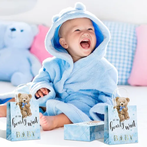 Vista 7 de Tinlade - 16 bolsas de regalo de oso para baby shower, We Can Bearly Wait, bolsas de regalos con asas, para baby shower, regalos para recién Azul