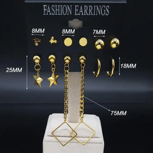 Vista 6 de 6 Pair Geometric Stainless Steel Star Earrings Set for Women Gold Color Earrings Jewelry Bisuteria Acero Inoxidable