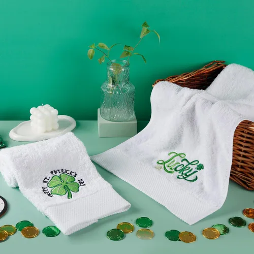 Vista 5 de Quera Paquete de 2 toallas de mano para el día de San Patricio, trébol de la suerte, 100% algodón, bordadas, decoración de lujo, juego de toallas