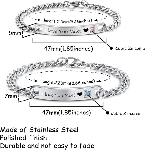 Vista 2 de MeMeDIY Juego de pulseras personalizadas para parejas, grabado personalizado con nombrefecha para hombres, mujeres, novio, novia, acero inoxidable