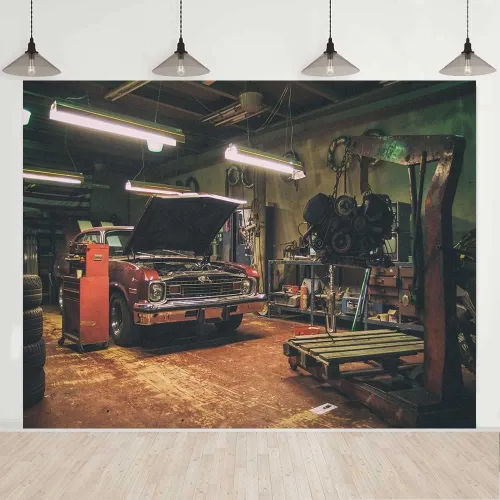 Vista 8 de Fondos de garaje antiguos para fotografía de 5 x 3 pies, fondos de reparación de automóviles temáticos para fiesta de fotos y accesorios de estudio