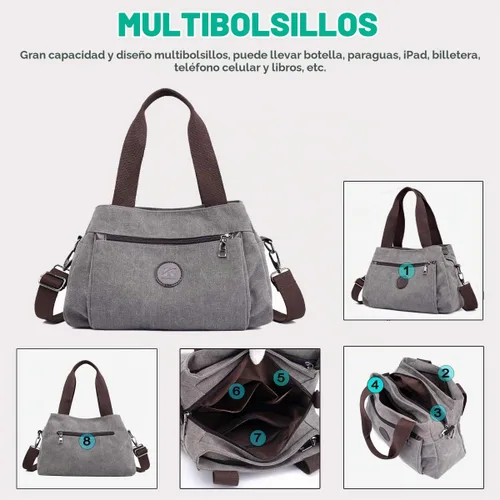 Vista 4 de Bolsos tipo morral de lona para mujer, bolsos cruzados de hombro, cartera con múltiples compartimentos, tamaño mediano Beige - Medium