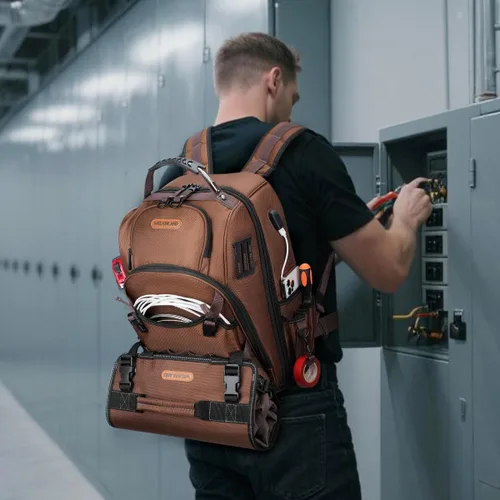Vista 2 de WELKINLAND 70Pockets Mochila de herramientas HVAC con rollo de herramientas, mochila de bolsa de herramientas