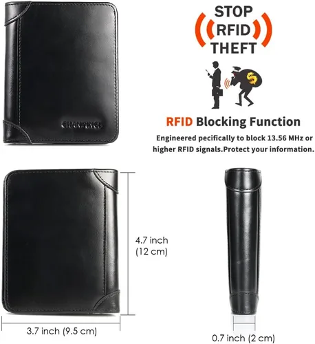 Vista 2 de Billetera de piel triple con bloqueo RFID para hombre con 2 ventanas de identificación, 2 compartimentos para efectivo, 6-8 ranuras para tarjetas