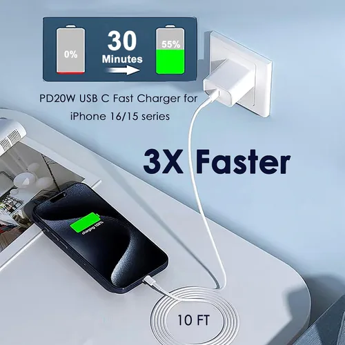 Vista 2 de Cargador rápido para iPhone 17 16 15 de 10 pies, cargador de 20 W para iPhone 17 de carga rápida USB C bloque cubo con cable USBC a USBC de 10 pies