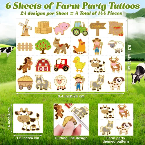 Vista 2 de ADXCO 144 tatuajes para fiesta de granja, tatuajes temporales de animales de granja con purpurina dorada para niños, decoración de cumpleaños
