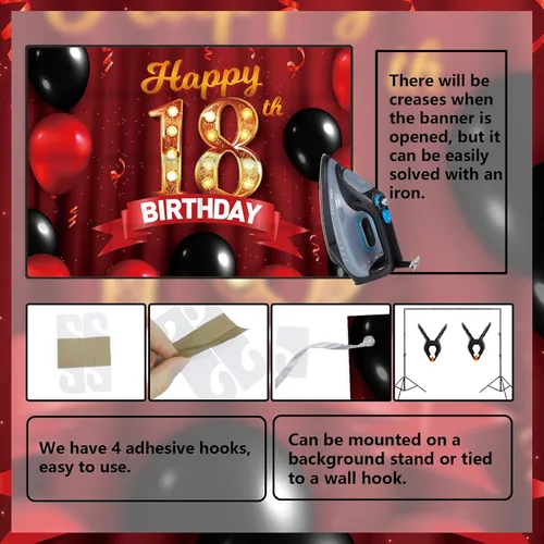 Vista 4 de Cartel rojo de feliz cumpleaños 18 años, telón de fondo dorado con globos rojos y negros, decoración temática para niñas y mujeres, princesa de 18