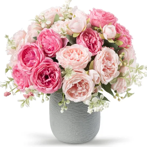 Vista 20 de Flores artificiales de seda, ramo de peonías sintéticas beige, 4 paquetes de arreglos florales para decoración de casa de campo, centro de mesa