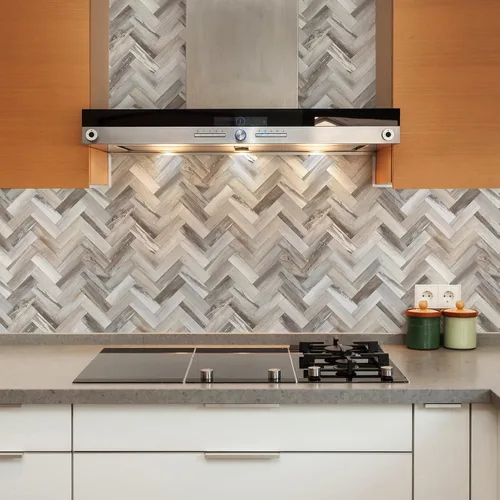 Vista 2 de Yipscazo 10 Láminas de Azulejos Adhesivos con Patrón de Madera en Espiga para Salpicadero de Cocina, Azulejos de PVC Resistentes al Calor