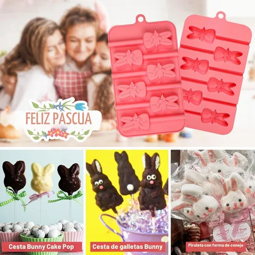 Vista 2 de Webake Moldes de piruleta de conejo para dulces de chocolate, 6 agujeros de silicona de conejo con palitos de piruleta, bonitos moldes de Pascua