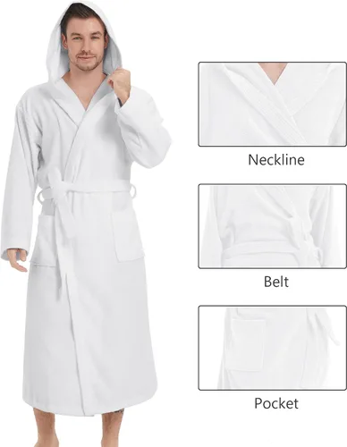 Vista 6 de ZABER Batas de baño con capucha para hombres y mujeres, 100% algodón, esponjoso, cálido, patrón largo