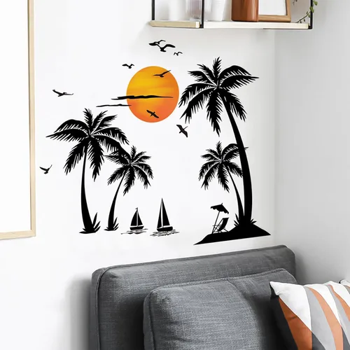 Vista 3 de Calcomanías de pared grandes de palmera negra, calcomanías de pared de pájaros tropicales de cocotero, mural de bosque para dormitorio, sala