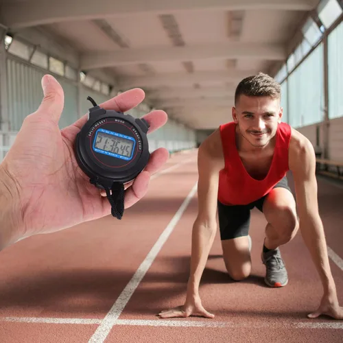 Vista 5 de Cronómetro deportivo digital con alarma de fecha, temporizador de alta precisión para natación, correr, yoga, cronómetro negro para entrenadores
