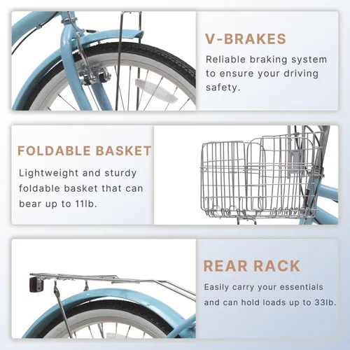 Vista 3 de ACEGER Girls Bike with Rattan Basket for 10+ Years, 24" 26" 1 & 7 Speed Comfort Commute Bicycle, Included Dual Brakes & Seat Rack, Adjustable