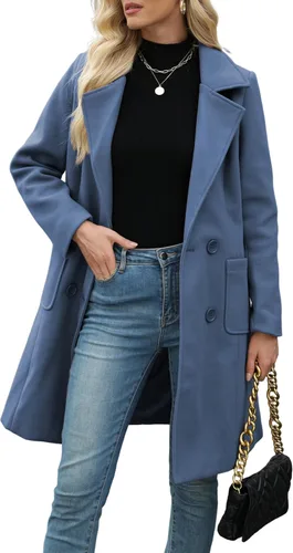 Vista 12 de Bankeng Chaqueta de solapa de doble botonadura con muesca para mujer, mezcla de lana de camello Verde Armada (ArmyGreen)