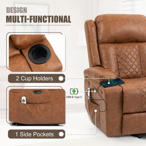 Vista 6 de Power Lift Recliner Chair for Elderly with Vibration Massage and Lumbar Heating Electric PU Leather Single Sofa with Cup Holders for Living Room