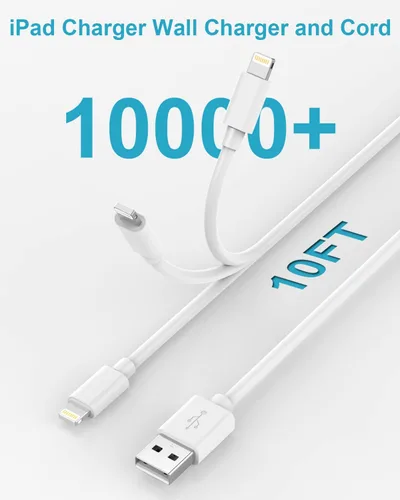 Vista 4 de Cargador de pared y cable para iPad de Apple, 10 pies, 2 juegos, bloque de carga rápida para iPad de 12 W, cable Lightning de 10 pies certificado