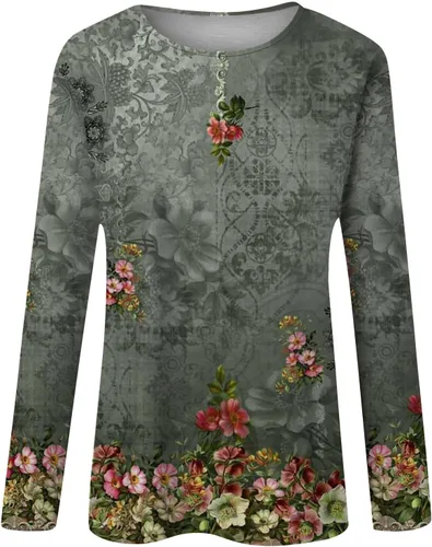 Vista 3 de Camisas de manga larga para mujer, camisetas de manga larga con cuello redondo, camisetas básicas, cómodas, estampadas, blusas